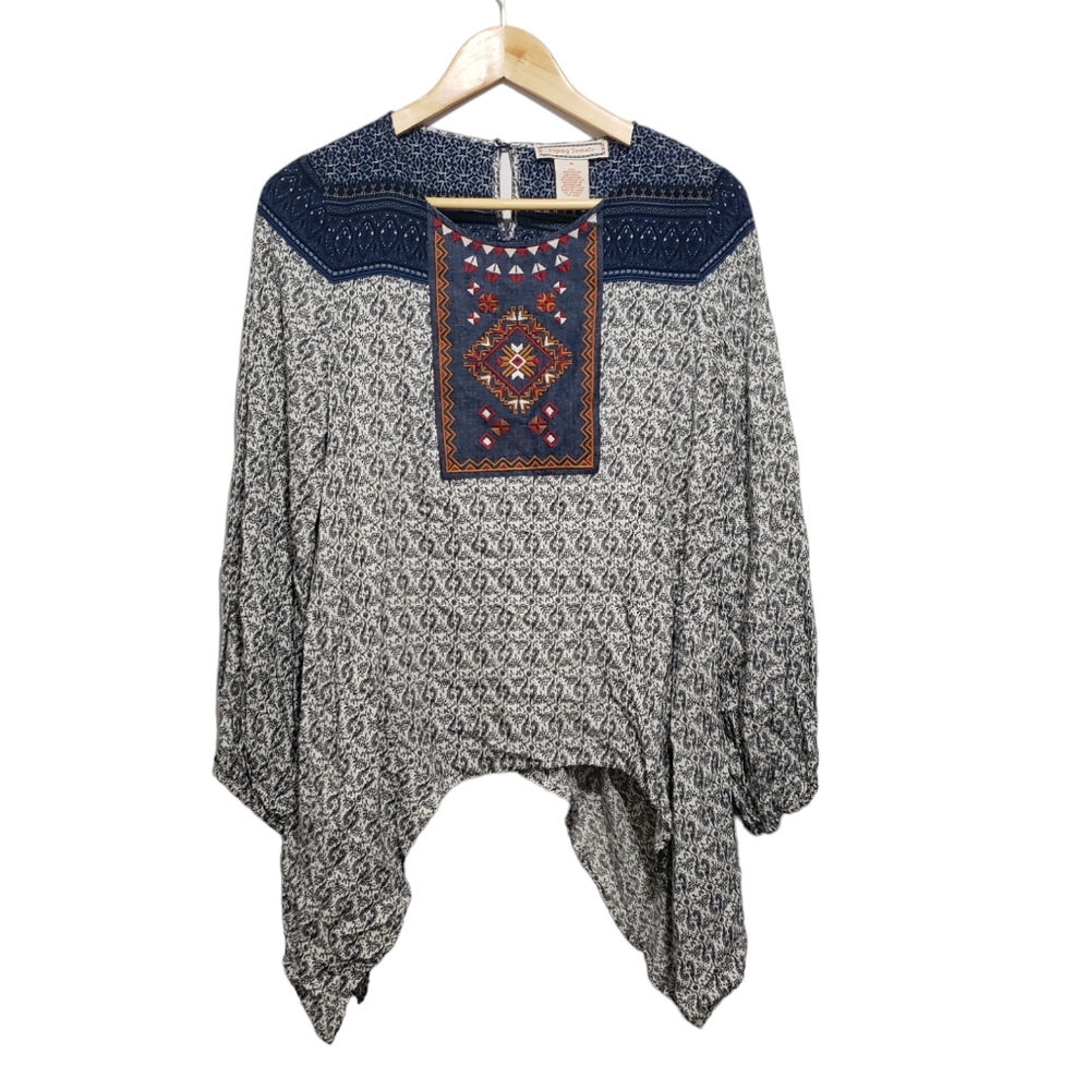 Flying Tomato Womens Medium Blue Floral Aztec Boho Long Sleeve Shirt